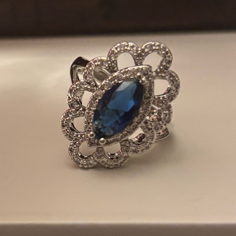 Silver Filigree Ring with Blue Marquise Gem